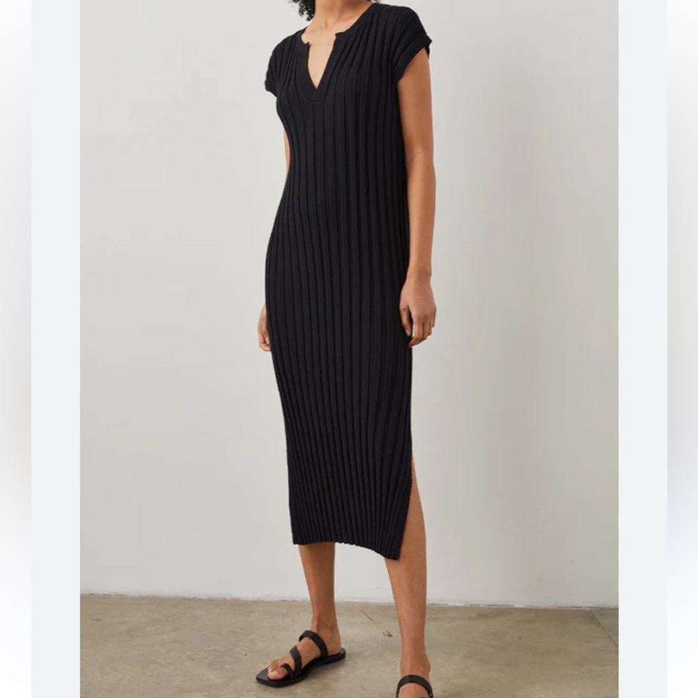 Rails NWT Ashley Vneck Black Cotton Blend Wide Ribbed Knit Dress size medium